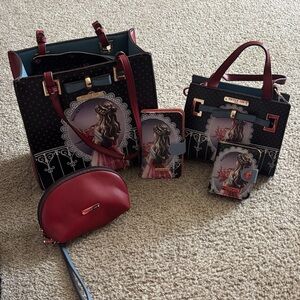 Nicole Lee Black & Burgundy Illustrated Girl Tote Set Vegan Leather